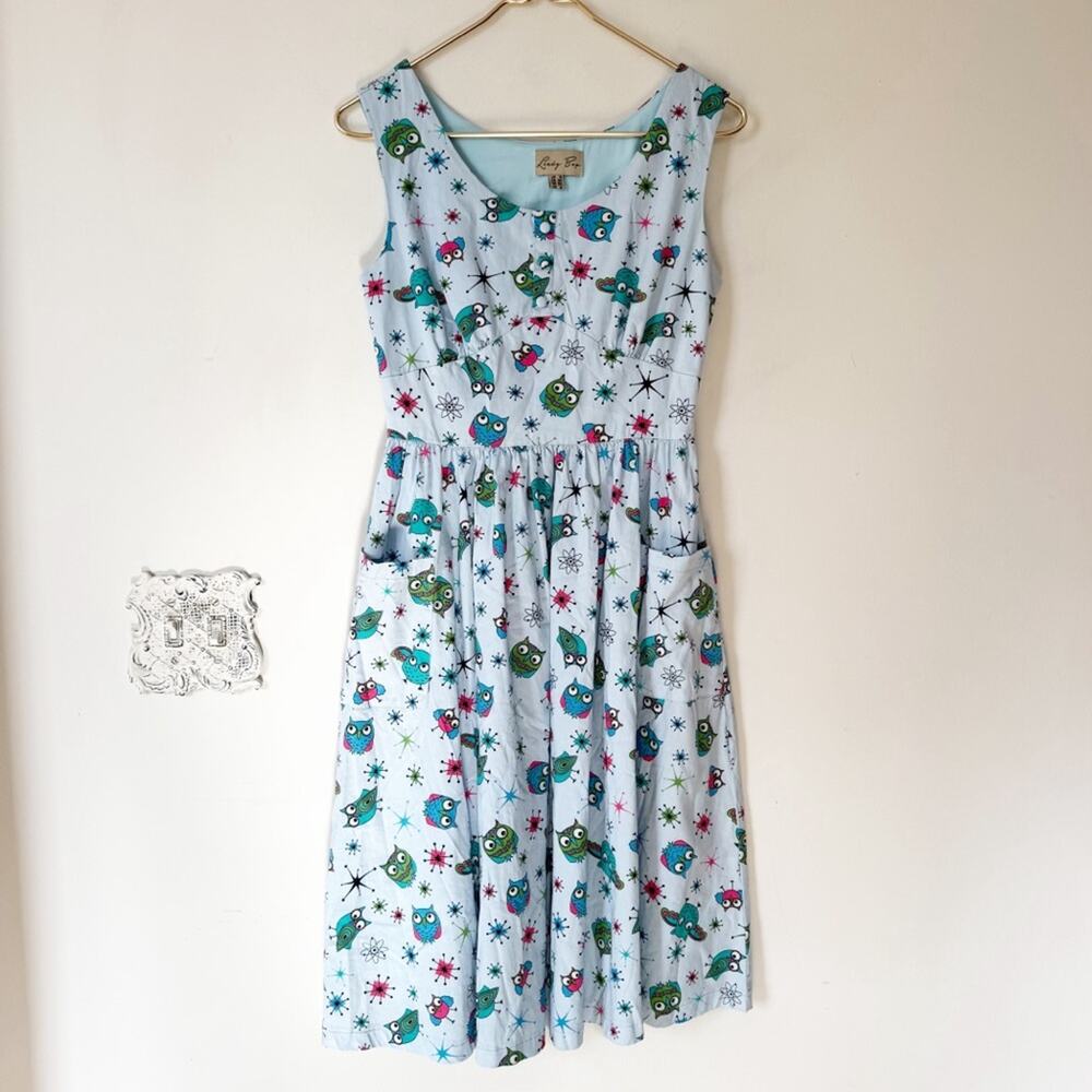Lindy Bop Sky Blue Atomic Owls Retro Cora Dress Rockabilly Swing Pin Up 4